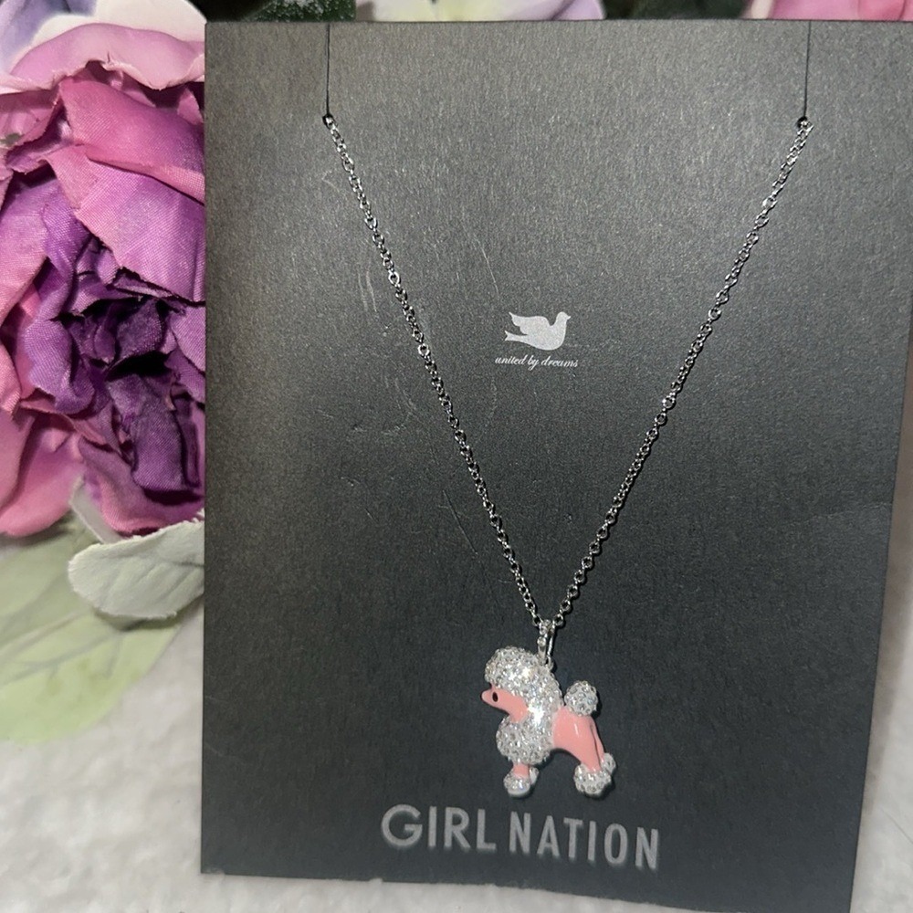 Girl Nation Pink Poodle Crystal Pendant Necklace Silver Tone Nickel Free New